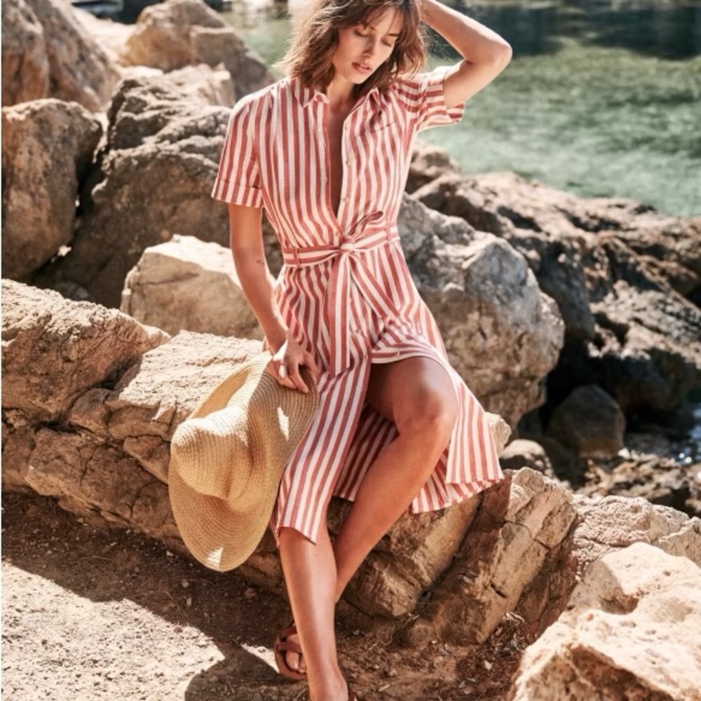 Sezane Alexandria Cotton Red Striped Midi Dress Wooden Buttons Belted Fit Flare